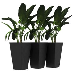 Outsunny Rattan-Style Plastic Planters with Drainage Holes, Set of 3 - 24 Inch Height, Black