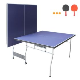 8ft Mid-Size Table Tennis Table Foldable & Portable Ping Pong Table Set For Indoor Games With Net, 2 Table Tennis Paddles And 3 Balls (Color: Blue)