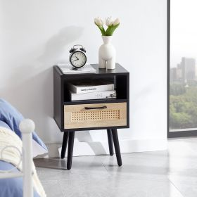 Rattan End Table 15.75 W Drawer   Solid Wood Legs - Modern Nightstand (Color: Black)