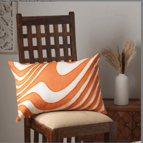 Cotton Slub Pillow With Print And Embroidery (Color: Orange)