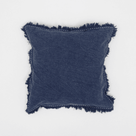 Stonewashed Linen Throw Pillow With Handworked Edges Fringe -22X22in. (Option: Indigo)