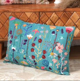 Cotton Embroidered Cushion Teal Blue With Filler (Color: Blue)