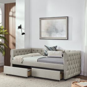 Upholstered Twin Size Daybed With Two Drawers, With Button And Copper Nail On Square Arms, Beige (Option: Gray)