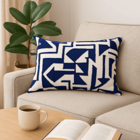 Handcrafted Cotton Slub Abstract Printed Rectangle Pillow (Color: Blue)
