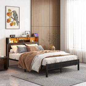 Full Size Bed Frame With Storage Headboard, Metal Platform Bed With Charging Station, Bookcase Storage, No Box Spring Needed, Easy Assembly, Nois (Option: Full)