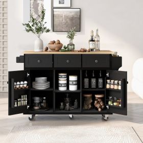 Kitchen Cart With Rubberwood Drop-Leaf Top, Cabinet Door, Storage Racks (Color: Black)