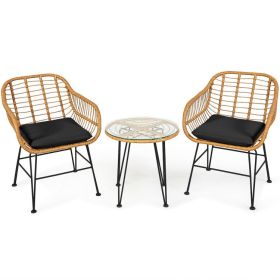 3 Pieces Rattan Furniture Set With Cushioned Chair Table (Color: Black)