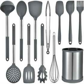 Kitchen Cooking Utensils Set, 12-piece Kitchen Utensils Set Non-stick Cooking Set Heat-resistant, BPA-Free, Silicone Handle Kitchen Tools (Color: Grey)