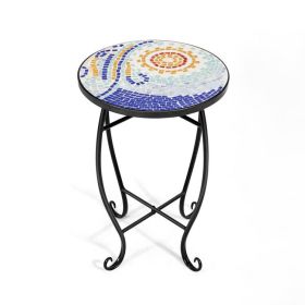 14 Inch Mosaic Round Side Table Plant Stand for Patio Lawn Garden (Color: Navy)