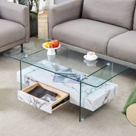 43.3 Inch Modern Two-Tier Coffee Table - Clear Tempered Glass And White Marble Texture, Multifunctional Storage Design.The Bottom Tier Includes A (Option: TransparentWhite)