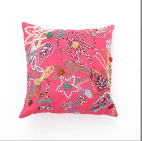 Cotton Embroidered Decor Cushion-Pink-18 X 18 Inch (Color: Pink)