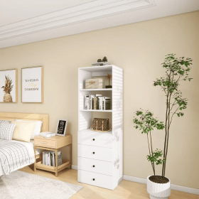 70.2H Livelylodge Wooden Modular Closet Organizer Modern Open Wardrobe Closet System With 4 Drawers For Bedroom&Coatroom White Finish (Color: White)