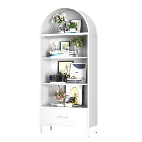72.83inch H Metal Arched Bookshelf Cabinets,Arch Bookshelf With Drawer For Home Office, Assemble Require, White (Color: White)