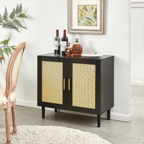 Side Panel Buffet Cabinet With Natural Rattan Door, Rattan Storage Cabinet With Adjustable Shelves, (Color: Black)